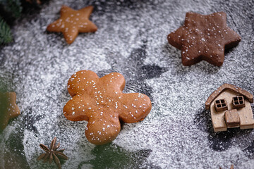 Collection of various gingerbread christmas cookies with dried orange slices