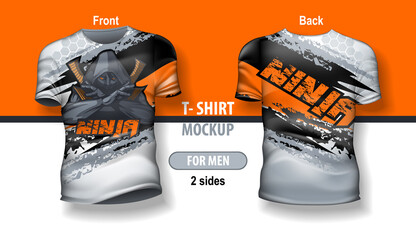 T-shirt for man front and back with Esport Ninja logo. Mock-up for double-sided printing. © slava