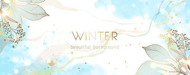 Winter gold vector background. Shiny gold dots. Hand painted herbs and gold brush texture, floral and botanical hand drawing of leaves. Abstract design for cover, wedding, wall art