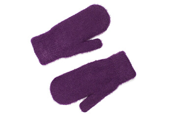 Warm woolen winter mittens isolated on white background. Top view, flat lay