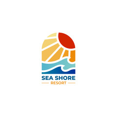 colorful sea shore from window view logo vector