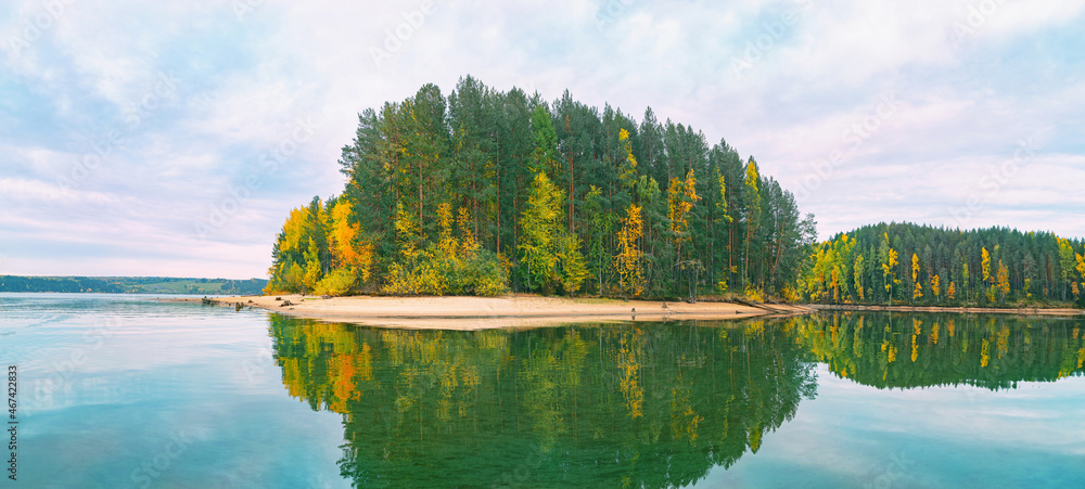 Wall mural panoramic view of the bright colorful trees along the bank of the kama river russia perm krai. autum