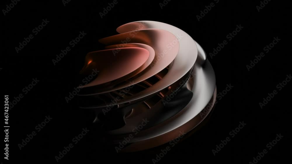 Poster 3d ball of curved layers. design. rotating 3d ball of petals on black background. beautiful ball of 