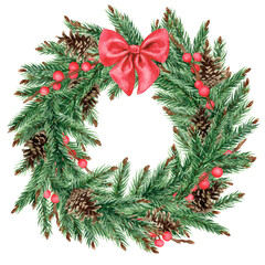 Fototapeta na wymiar Christmas wreath made of spruce and holly branches. With bumps and a bow. The image is hand-drawn and isolated on a white background. Watercolour.