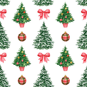Pattern. Christmas tree. Festive traditions. The image is hand-drawn and isolated on a white background. Watercolour.