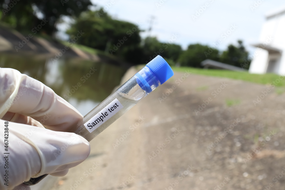 Sticker collect samples of wastewater from industrial canals in test tube