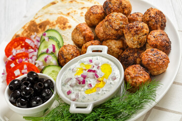 Keftedakia, fried greek meatballs on white platter