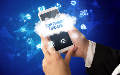 Hand using smartphone with cloud technology concept
