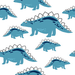 Childish seamless pattern with hand-drawn dinosaurs.