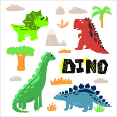 Cute flat dinosaur set. Illustrations prehistoric lizard for children. Childish poster with Jurassic reptiles. Cartoon characters dino isolated on white background. 