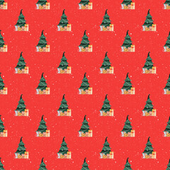 Watercolor Whimsical Christmas Tree Digital Paper Red Background