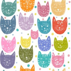 Seamless pattern. Heads of cute cats and polka dots on a white background. Cute illustration for the decor and design of posters, postcards, prints, stickers, invitations, textiles and stationery.  