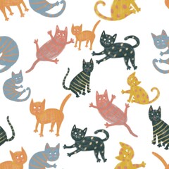 Seamless pattern. Cheerful cats on a white background. Digital painting. Cute illustration for the decor and design of posters, postcards, prints, stickers, invitations, textiles and stationery.