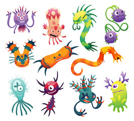 Cartoon bacteria virus. Germ or microbe set. Funny characters collection. Cute kids toy monster icons. Colored stylized drawings vector collection