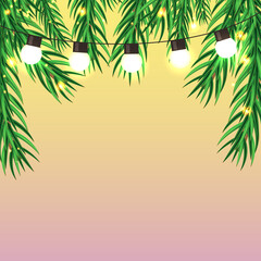 Christmas background. Blank festive background for posting content. Christmas branches, garland bulbs on a light background. Vector background.