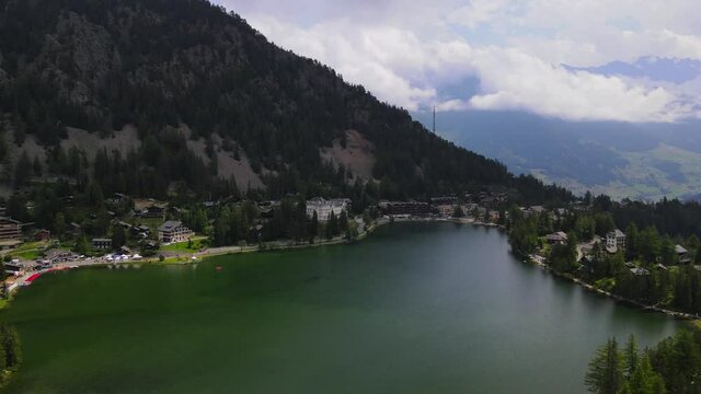 Aerial fly over of Champex Lac in Switzerland