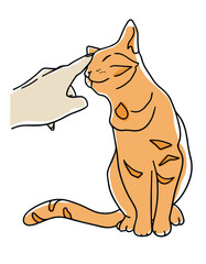 The ginger cat is sitting. The hand is stroking the cat. Animals are friends logo. Pets logo. Animal shelter logo. Veterinary logo. Vector linear illustration.  Isolated on a white background.  