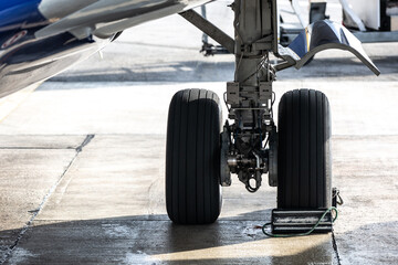 Close up on an airplane landing gear