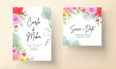 Fototapeta premium Floral wedding invitation with beautiful colorful flower watercolor