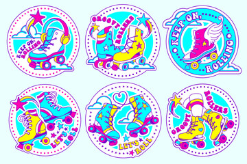 Pop 90's nostalgia retro style patches, badges. Retro rollers stickers. Electric glowing vibrant color. Editable Isolated funky elements with motivational slogan. 