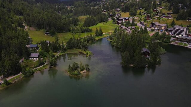 Aerial fly over of Champex Lac in Switzerland