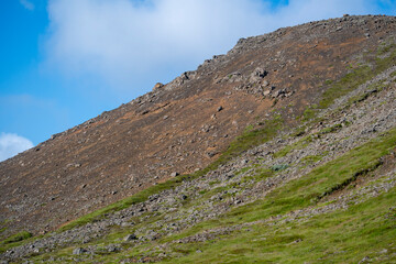 Landscape of moss growing on lava rock mountain at Fagradalsfjall Volcano Iceland
