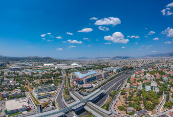 Aerial panoramic view of northern suburbs of Athens city. centered the famous Athens Mall shopping center, Marousi, Attica, Greece, Europe