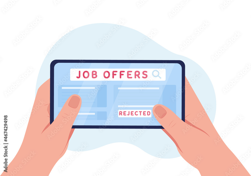 Poster rejected job application 2d vector isolated illustration. searching for work online. looking at mobi