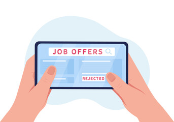 Rejected job application 2D vector isolated illustration. Searching for work online. Looking at mobile website flat first view hand on cartoon background. Unemployment problem colourful scene