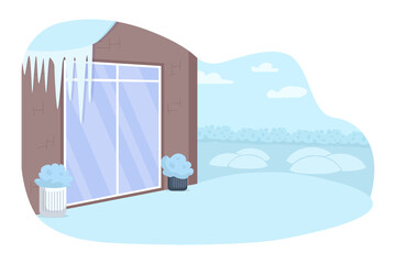 Wint home yard 2D vector isolated illustration. Icicles hanging from roof. Snow in backyard. Winter season flat scenery on cartoon background. Cold weather in suburban area colourful scene