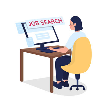 Woman searching for job semi flat color vector character. Sitting figure. Full body person on white. Employment isolated modern cartoon style illustration for graphic design and animation