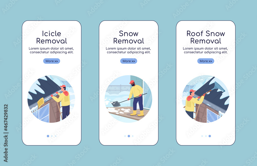 Poster winter snow removal onboarding mobile app screen flat vector template. walkthrough website 3 steps w