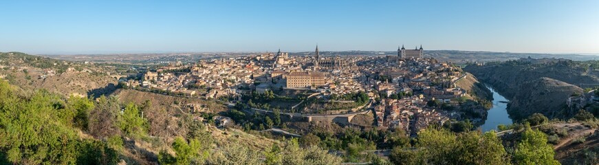 Fototapeta na wymiar Wide Angle Panorama of the Old Toledo Downtown Area with Famous Monuments at Sunrise