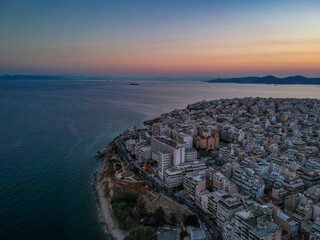 Aerial panorama view over Marina Zeas, Peiraeus, Greece at sunset