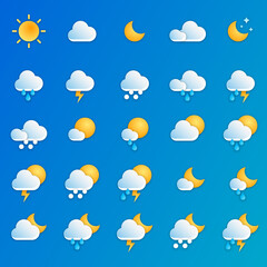 Weather modern icons set. Forecast weather app symbols. Sun, rain, thunder storm, snow,  cloud, night moon. Realistic 3D weathers signs collection. Vector illustration.