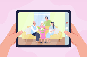 Mother day celebration 2D vector isolated illustration. Taking picture of smiling family members flat first view hand on cartoon background. Celebrate grandmother birthday colourful scene