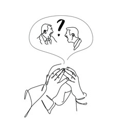 A linear drawing of a man holding his head and thoughts over the head of two screaming men with his hands. Internal dialogue with another person. The concept of psychology