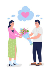Man confessing feelings to woman semi flat color vector characters. Full body people on white. Giving floral arrangement isolated modern cartoon style illustration for graphic design and animation