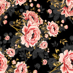 Seamless pattern of bouquets of roses.  Beautiful print for decoration of textiles and design. Flower background. Art drawing for surface. Tenderness decor.
