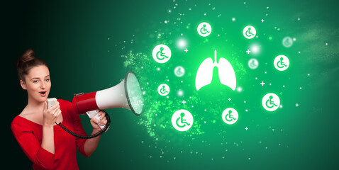 Young person with megaphone and healthcare icon