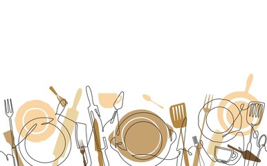Cooking Seamless Pattern. Outline Cutlery Background. One Line Drawing of Isolated Kitchen Utensils. Cooking Design Poster. Vector illustration. - obrazy, fototapety, plakaty