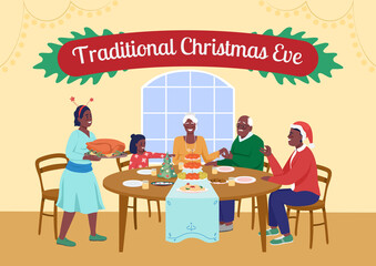 Traditional Christmas Eve poster flat vector template. Spending holiday together. Brochure, booklet one page concept design with cartoon characters. Family dinner flyer, leaflet with copy space