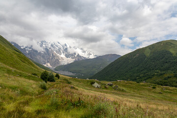 A panoramic view on the snow-capped peaks of Tetnuldi, Gistola and Lakutsia in the Greater Caucasus Mountain Range in Georgia, Svaneti Region. Hills with lush pastures, peaks covered in clouds.