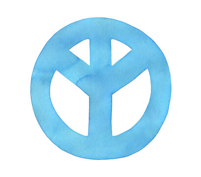 Watercolor illustration of Peace Sign with artistic brush strokes and stains. One single object, light blue color. Hand painted water color drawing on white background, cut out element for design.