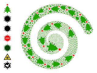 Coronavirus fir-tree icon spiral twist mosaic. Coronavirus fir-tree items are combined into twist design concept. Element cycle is created from randomly allocated coronavirus fir-tree icons.