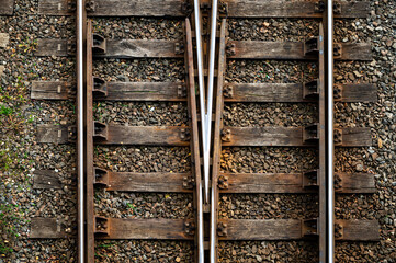 railway tracks and switches for train traffic, close-up, top down view