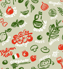 Italian Food Vector Seamless Pattern. Hand Drawn with a Brush Cooking Ingredients with Written Names.  Design for Cafe Menu Cover, Flyer, Brochure, etc.
