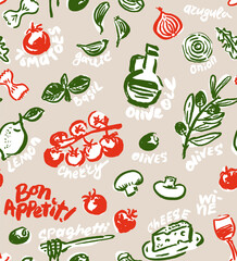 Italian Food Vector Seamless Pattern. Hand Drawn with a Brush Cooking Ingredients with Written Names.  Design for Cafe Menu Cover, Flyer, Brochure, etc.