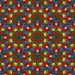 Abstract seamless mandala background. Texture in red, blue and green colors. Oriental pattern for design, fashion print, scrapbooking