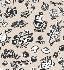 Italian Food Vector Seamless Pattern. Hand Drawn with a Brush Cooking Ingredients with Written Names.  Design for Cafe Menu Cover, Flyer, Brochure, etc.